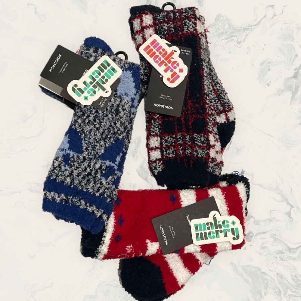 NWT Nordstrom Bundle of Three Crew Butter Socks - Size 7 1/2 - 12 1/2- Blu/ red